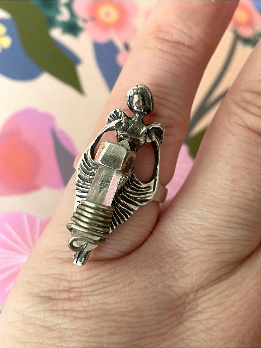 Vintage figural stamped 925 sterling silver & quartz fairy ring sz 5.75